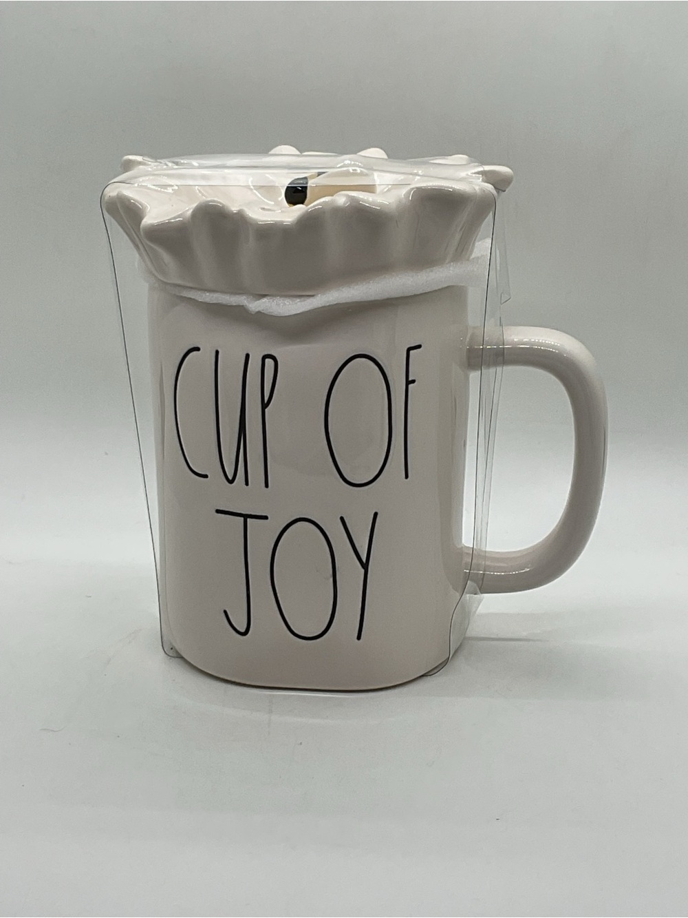NIP Rae Dunn Cup of Joy Ceramic Mug with Ruffled Lid  and Bumblebee Accent